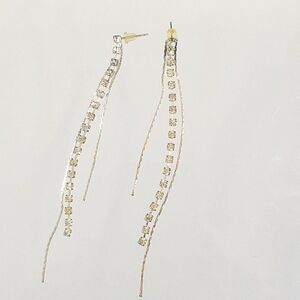 Crystal Rhinestones Silver Chains Dangling Drop Tassel Earrings 3 Strands 4" L